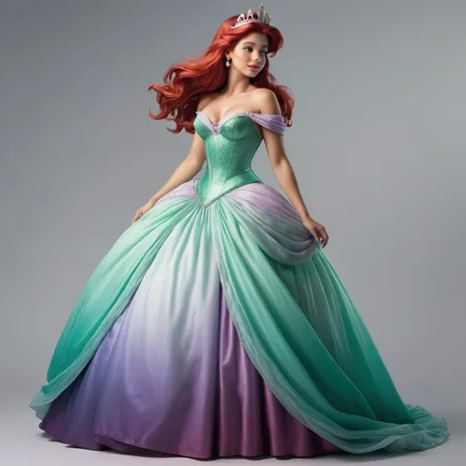 Prompt: Hyper realistic image of Ariel, as a queen wearing a , floor-lenght ball gown in her iconic seafoam-green and ombre purple. The dress should be elegant and regal with detailing on the skirt.