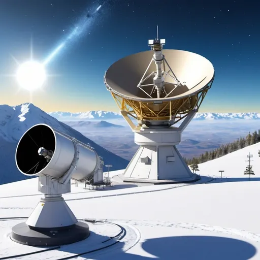 Prompt: Create a illustration of a quantum key distribution link between a ground-based telescope station in snowy mountains and a satellite in space. The ground station features a large telescope pointing towards the sky, and the satellite is depicted orbiting the Earth with antennas and solar panels. A beam of light or a stream of photons represents the quantum link connecting the telescope and the satellite.