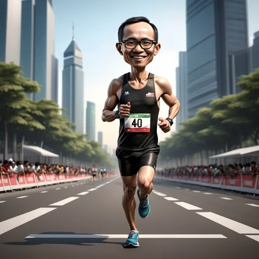 Prompt: Realistic 4d caricature of 40 yo indonesian marathon athlete, black glasses, city background,full body