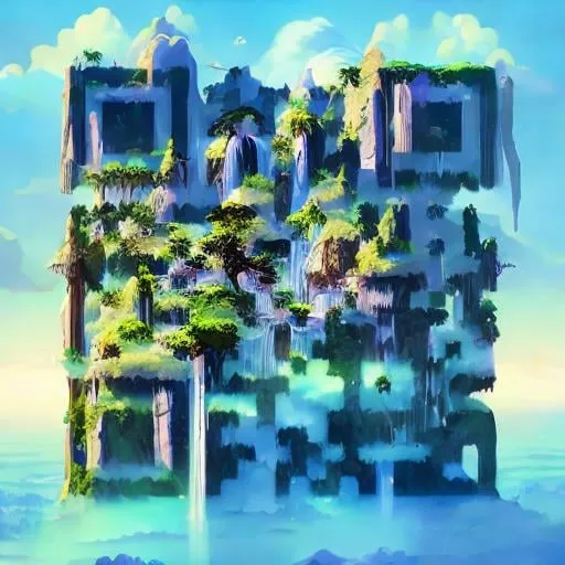 Prompt: A magnificent floating island in the sky above the sea, defying gravity, floating and flying island, waterfall, epic lighting, epic composition, highly detailed