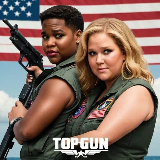 Prompt: Make a movie poster for a Spin off of Top Gun starring Amy Schumer as Maverick and with Lizzo as Goose including the title "Thiccc Gun" and text showing Amy Schumer as Maverick and Lizzo as Goose

