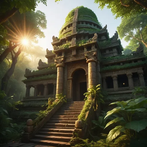 Prompt: The sun rises in the background above the temple of the prosperity priestess hidden in the forest. The prosperity priestess is dark-skinned and content.
