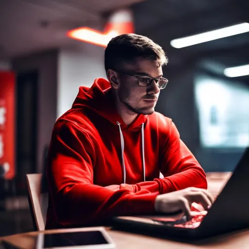 Prompt: Man in red hoodie typing on laptop 