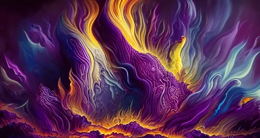 Prompt: Purple and gold flame, rich and deep, spiritual, abstract, mystical, high quality, vibrant colors, surreal, detailed, glowing, atmospheric lighting