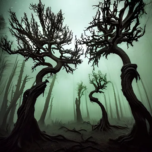 Prompt: Eerie, surreal painting of a haunting forest, twisted and gnarled trees, moonlit night, misty atmosphere, ominous shadows, high contrast, dark and desaturated colors, gothic art style, moonlight piercing through the branches, best quality, highres, detailed, misc-macabre, eerie, surreal, haunting, gothic, moonlit, misty atmosphere, high contrast, dark colors, desaturated, twisted trees, ominous shadows