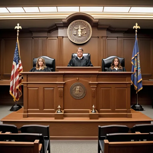 Prompt: Create an image where 

---

**Courtroom Scene**:

- **Setting**: A large, formal courtroom with polished wood paneling. The walls are adorned with flags or a seal of justice.
  
- **Center Stage**: The judge's bench is elevated in the back, with a stern judge in a black robe presiding over the case. The judge has a gavel in hand.

- **Witness Stand**: To the side, a witness is sitting nervously, giving testimony. A lawyer, in a suit, is standing nearby, asking questions.

- **Lawyers**: Two lawyers (one for the defense, one for the prosecution) are standing in front of the judge, with stacks of legal documents. The defense lawyer is holding a folder, looking calm, while the prosecutor appears more intense and prepared for cross-examination.

- **The Jury**: A jury of twelve people sitting in the box, their faces showing varying degrees of attention and intrigue.

- **Audience**: A few spectators in the gallery, some looking at the case seriously, others quietly whispering.

- **Court Reporter**: A court reporter, typing quickly, sitting near the front.

The atmosphere is tense, with the weight of the trial felt by everyone in the room.