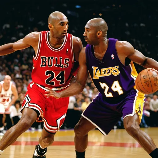 Prompt: NBA basketball  Kobe Bryant Lakes team number 24 holding basketball vs Michael Jordan Bulls teams number 23 Defending