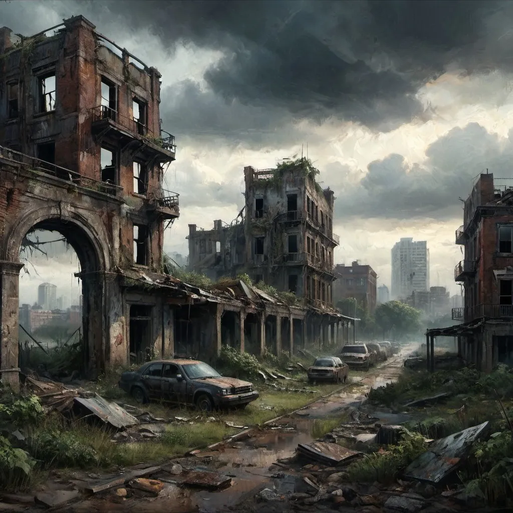 Prompt: Post-Apocalyptic Ruins: A cityscape in ruins, with collapsed buildings and scattered debris, creating a sense of action and survival