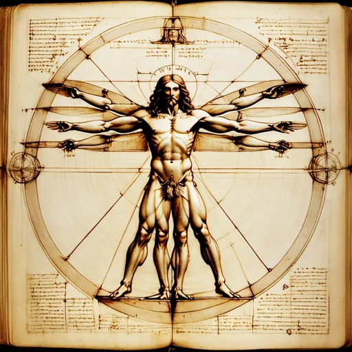 Prompt: A montage of da Vinci’s notebooks, flipping through pages filled with sketches of anatomical studies, mechanical inventions, and studies of birds in flight. The camera lingers on a detailed drawing of the Vitruvian Man, emphasizing the connection between art and science.