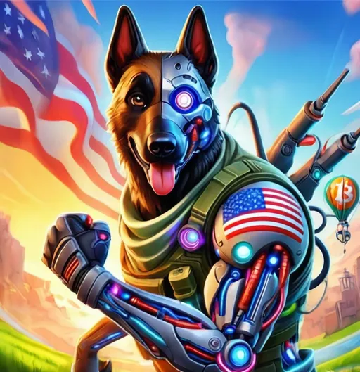 Prompt: belgian malinois dog that is half ai agent and want to make america great again