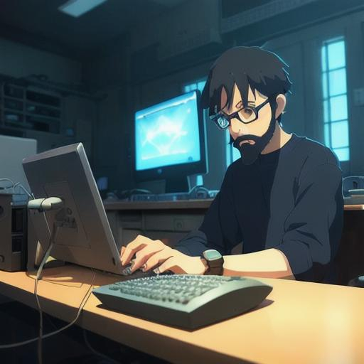 Prompt: A nerdy boy with beard is programming at a computer in a room full of gadgets, by makoto shinkai and ghibli studio, dramatic lighting, highly detailed, incredible quality