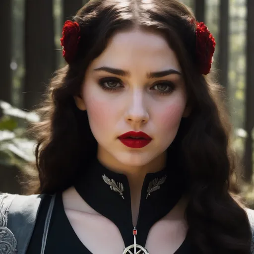 Prompt: a brunette girl with dark eyes jewish features and red lips. in the style of the hunger games