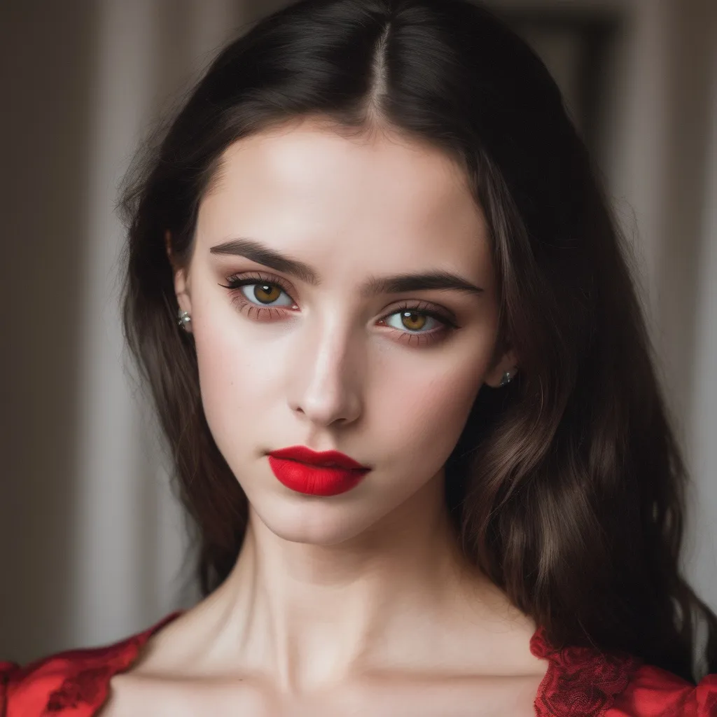 Prompt: a brunette girl with dark eyes jewish features and red lips. 