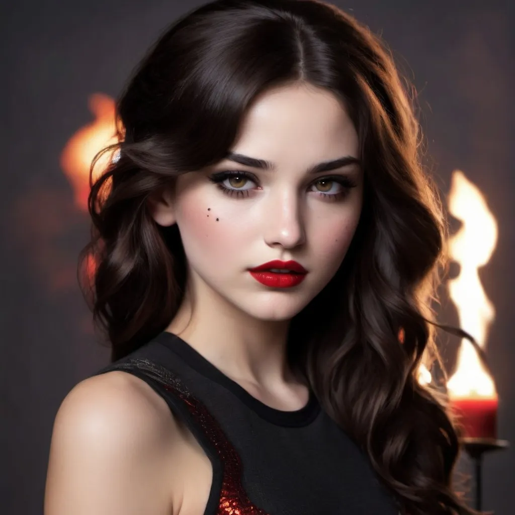 Prompt: a brunette girl with dark eyes jewish features, a medium sized nose and red lips. in the style of the hunger games
