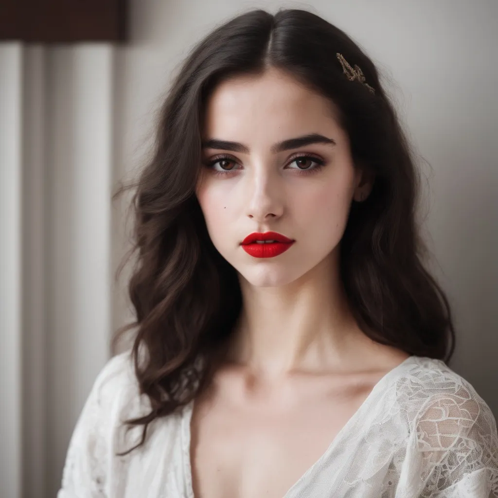 Prompt: a brunette girl with dark eyes jewish features and red lips. 