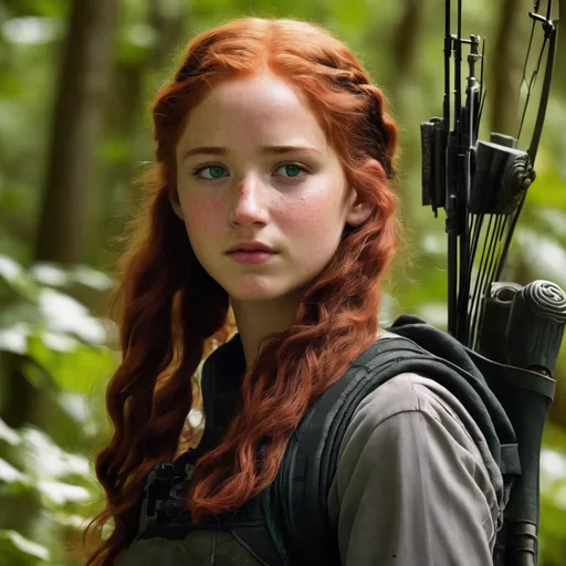 Prompt: a jewish girl with light red hair, green eyes, and freckles in the hunger games
