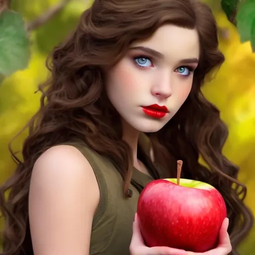 Prompt: a brunette girl with jewish features red lips and hazel eyes holding an apple he style of the hunger games