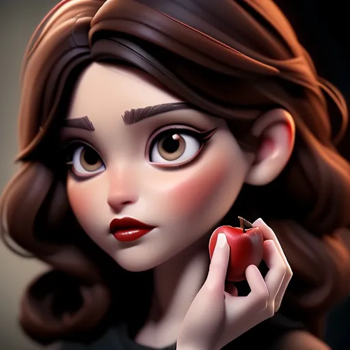 Prompt: a brunette girl with jewish features red lips and hazel eyes holding an apple he style of the hunger games