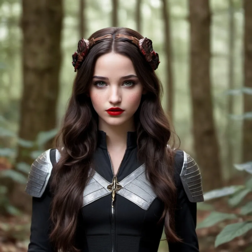 Prompt: a brunette girl with dark eyes jewish features, a medium sized nose and red lips. in the style of the hunger games