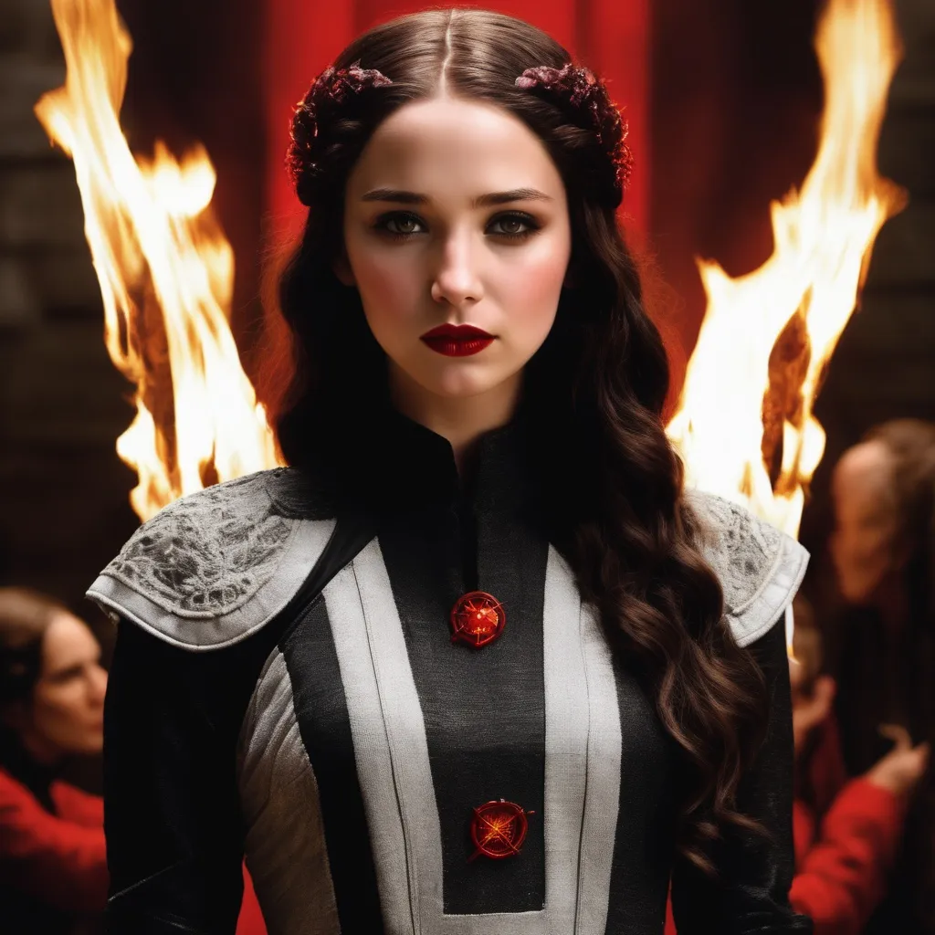 Prompt: a brunette girl with dark eyes jewish features and red lips. in the style of the hunger games