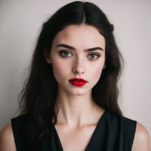 Prompt: a brunette girl with dark eyes jewish features and red lips. 