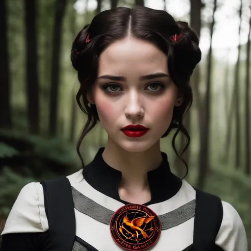 Prompt: a brunette girl with dark eyes jewish features and red lips. in the style of the hunger games