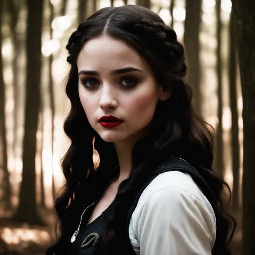 Prompt: a brunette girl with dark eyes jewish features and red lips. in the style of the hunger games