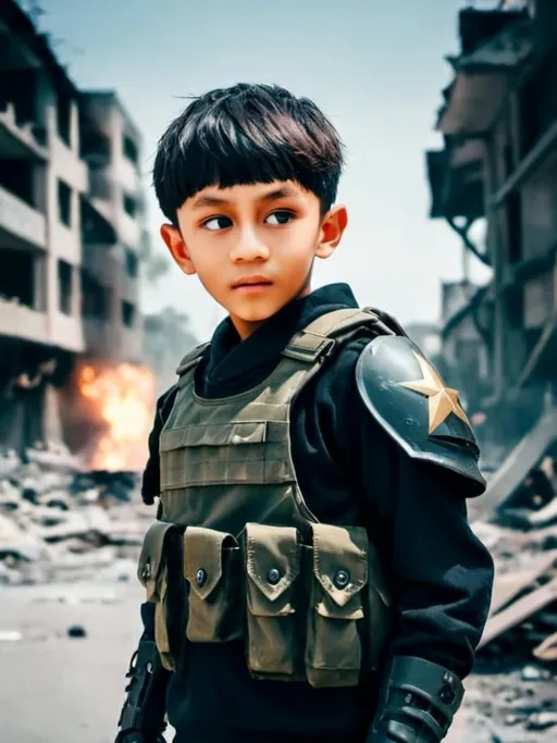 Prompt: lxlre2, a cute boy, 16 years, realistic destroy city background, a boy armor soldier in real world, amazing quality, wallpaper, analog film grain, cinematic film still, war, battlefield,  