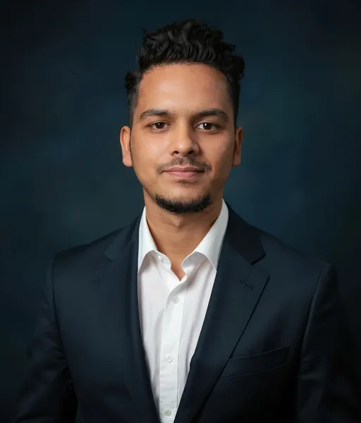 Prompt: A professional, high-resolution LinkedIn profile headshot of a well-dressed individual wearing a tailored dark navy or charcoal suit and a crisp white dress shirt (no tie), photographed from mid-chest upward. The person stands confidently in front of a smooth deep blue or gradient backdrop with subtle vignette. The expression is calm, approachable, and slightly smiling, conveying trust and professionalism. Lighting is soft and balanced on both sides of the face, with a slight catchlight in the eyes and gentle shadows for depth. The background is clean and evenly lit. The photo is sharp, cinematic, and suitable for a corporate executive or tech leader's LinkedIn profile. 