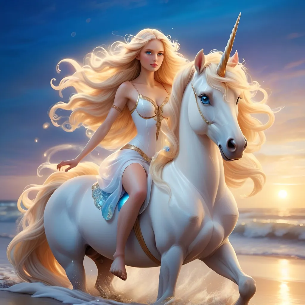 Prompt: Blonde goddess with beautiful blue eyes riding unicorn on beach, flowing hair, fantasy illustration, ethereal glow, magical, serene setting, high quality, detailed, fantasy, flowy hair, unicorn, beach, goddess, ethereal, magical, serene, fantasy illustration, detailed, shimmering, soft lighting