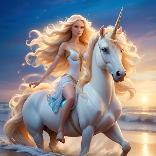 Prompt: Blonde goddess with beautiful blue eyes riding unicorn on beach, flowing hair, fantasy illustration, ethereal glow, magical, serene setting, high quality, detailed, fantasy, flowy hair, unicorn, beach, goddess, ethereal, magical, serene, fantasy illustration, detailed, shimmering, soft lighting