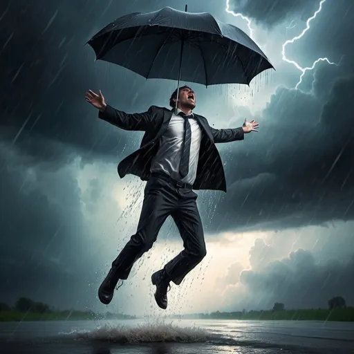 Prompt: Men falling from the sky, realistic digital painting, intense rain and storm, dramatic lighting, high quality, realistic, dramatic lighting, stormy atmosphere