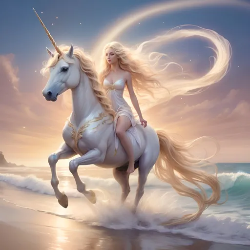 Prompt: Blonde goddess riding unicorn on beach, flowing hair, fantasy illustration, ethereal glow, magical, serene setting, high quality, detailed, fantasy, flowy hair, unicorn, beach, goddess, ethereal, magical, serene, fantasy illustration, detailed, shimmering, soft lighting