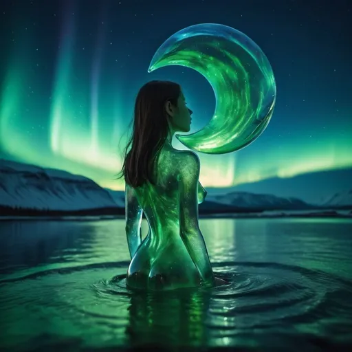 Prompt: a transparent girl's body made of resin glass filled with the ripples of the aurora borealis at night, dream like, moon lit nightscape, northern lights in the sky