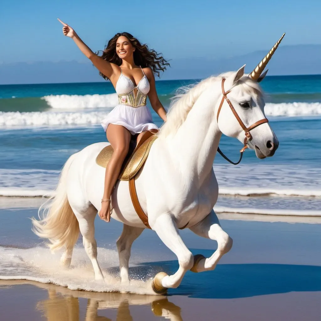 Prompt: A godess is riding an unicorn at the beach