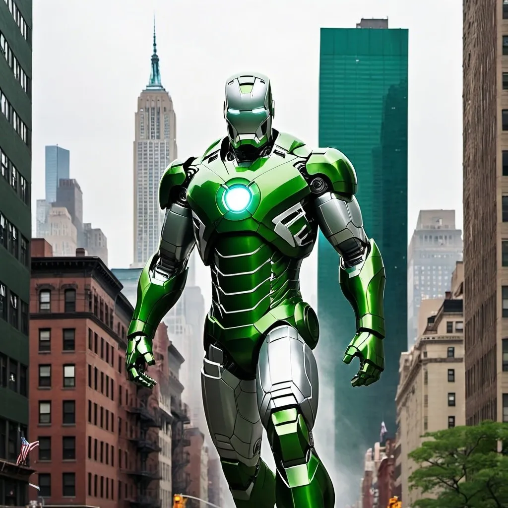 Prompt: This is a picture of New York city. There is a tall building named "Stark International" in the city. And the shininggreen and white  iron man is flying among the buildings.