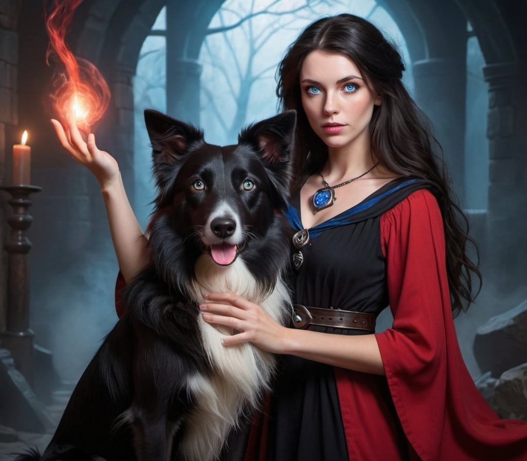 Prompt: Beautiful brunette Woman with blue eyes as a dungeons and dragons mage wearing a black and red dress casting a spell. She has a black collie with floppy ears as a familiar.