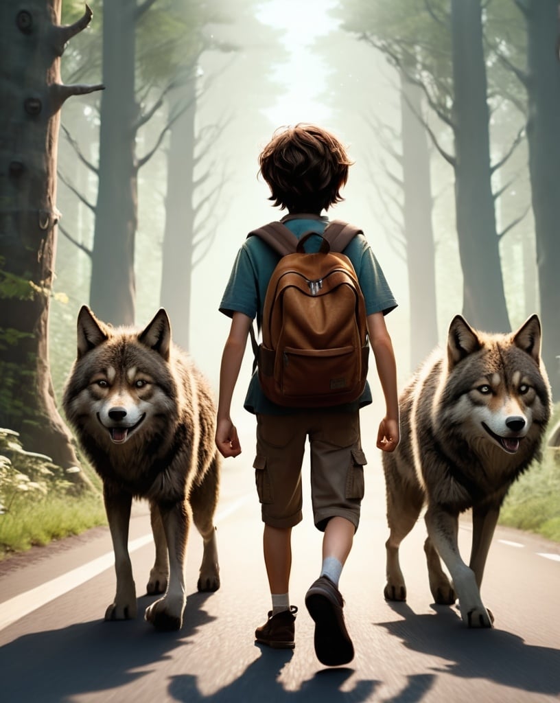 Prompt: a 5 year old boy with brown, messy, short length hair with two adults wolves facing backwards. The wolves and the little boy walk and face the same direction. the little boy leads the wolves along the road of an fantasy forest.The little boy will carry a backpack on his back.