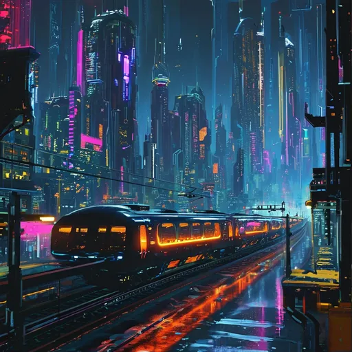 Prompt: 32 bit sprite city scape of a futuristic
 dystopian cyberpunk city at night with a large black futuristic cyber train that looks 3 times as large as a normal train