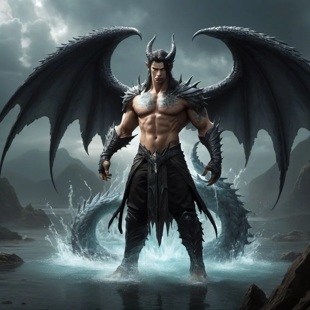 Prompt: A villain, half human(primarily human) half dragon, has the dragon form of tiamat the embodiment of chaos and dragons, he is a male, he has dragon wings and the rest of his body is human with some dragon scales on him, and controls water so should have water asthetic, he is evil