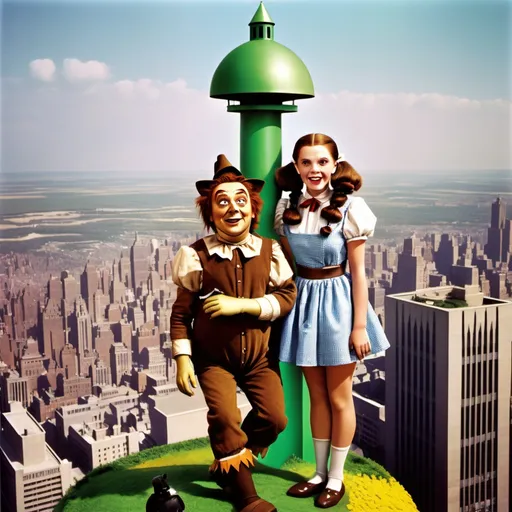 Prompt: Dorthy from wizard of oz with an Oompa Loompa on top of a tall building