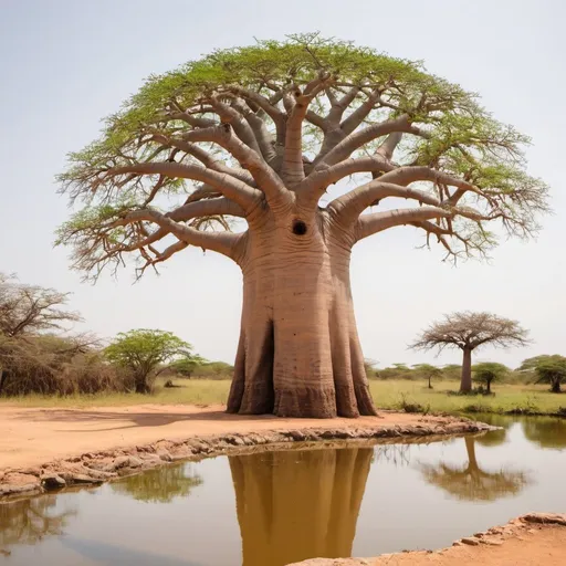 Prompt: A baobab tree next to a pond