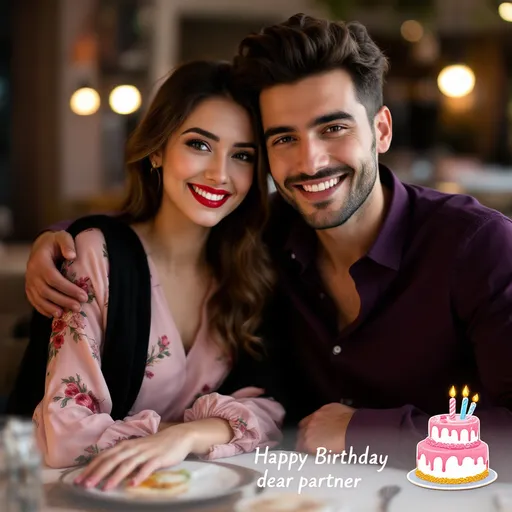 Prompt: Sitting closely at a table, a young couple radiates warmth and joy, celebrating a special moment together. The woman, dressed in a soft pink outfit with floral details and a black scarf draped around her shoulders, exudes a serene charm, her striking red lipstick enhancing her features. Next to her, the man sports a deep purple shirt, showing a broad smile as he leans slightly towards her. The setting appears to be a cozy indoor space, perhaps a restaurant, with a softly illuminated background that suggests a relaxed evening atmosphere. A festive digital overlay at the bottom wishes "Happy Birthday dear partner," complete with a decorative birthday cake illustration, adding a playful touch to the scene that encapsulates a moment of celebration and affection.