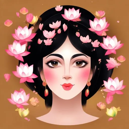 Prompt: Lady with Black hair, bright complexion round face with lotus petal shaped eye with beautiful lips

