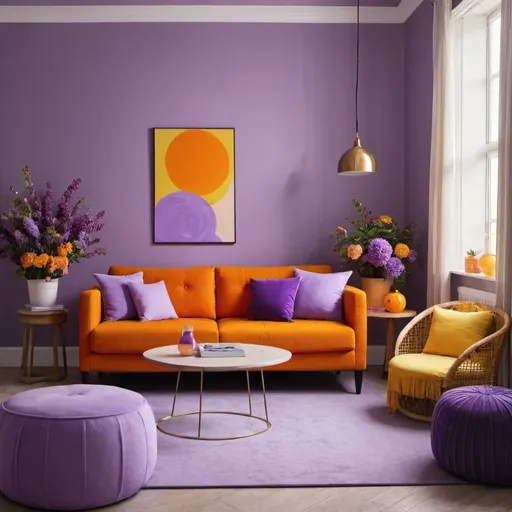 Prompt: an interior designed room with the colors purple yellow lilac and orange