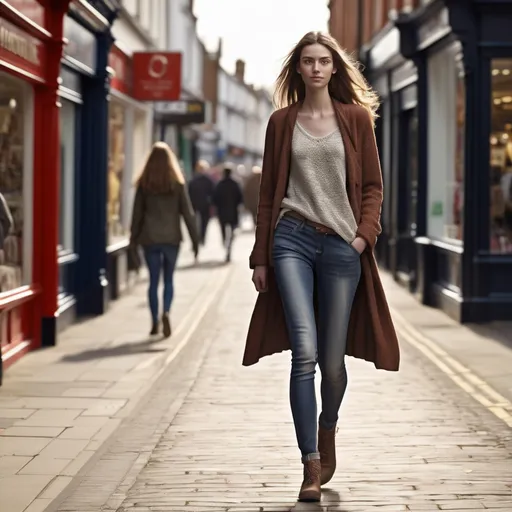 Prompt: Tall young woman walking down the high street, detailed clothing, realistic, natural lighting