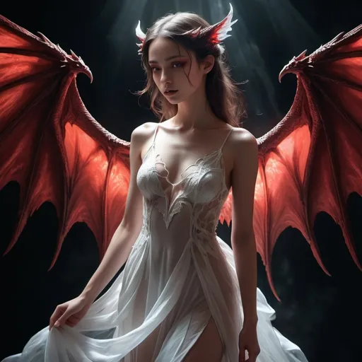 Prompt: (half angel, half demon, half dragon), transparent dress, female, ethereal, mystical being with contrasting features, vibrant wings blending white, dark and red colors, angelic light radiating on one side, shadows enveloping the other, celestial ambiance mixed with a dark allure, surreal atmosphere, (highly detailed), capturing a moment of conflict between light and darkness, emotional depth, 4K resolution, captivating design.