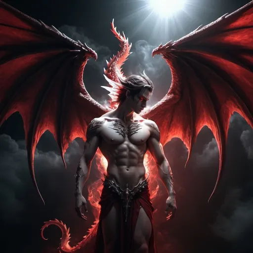 Prompt: (half angel, half demon, half dragon), ethereal, mystical being with contrasting features, vibrant wings blending white, dark and red colors, angelic light radiating on one side, shadows enveloping the other, celestial ambiance mixed with a dark allure, surreal atmosphere, (highly detailed), capturing a moment of conflict between light and darkness, emotional depth, 4K resolution, captivating design.