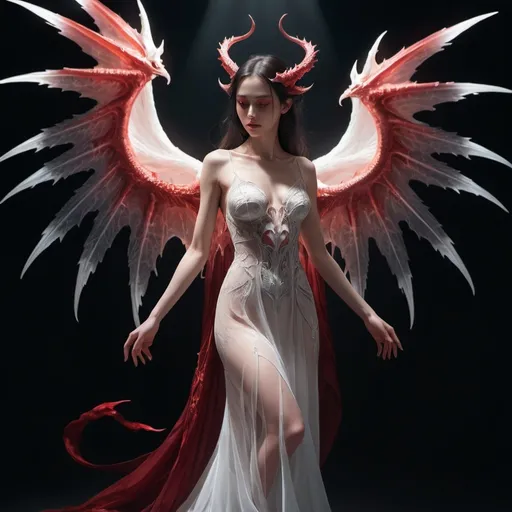 Prompt: (half angel, half demon, half dragon), tieffelin, transparent dress, female, ethereal, mystical being with contrasting features, vibrant wings blending white, dark and red colors, angelic light radiating on one side, shadows enveloping the other, celestial ambiance mixed with a dark allure, surreal atmosphere, (highly detailed), capturing a moment of conflict between light and darkness, emotional depth, 4K resolution, captivating design.