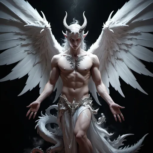 Prompt: (half angel, half demon, half dragon), ethereal, mystical being with contrasting features, vibrant wings blending white and dark colors, angelic light radiating on one side, shadows enveloping the other, celestial ambiance mixed with a dark allure, surreal atmosphere, (highly detailed), capturing a moment of conflict between light and darkness, emotional depth, 4K resolution, captivating design.